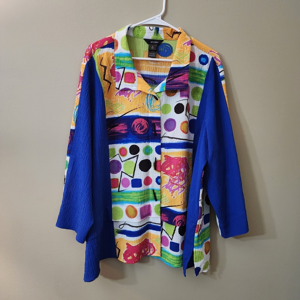 Ali Miles Multicolor Art To Wear Abstract Blouse with Royal Blue Panels Size 3w
